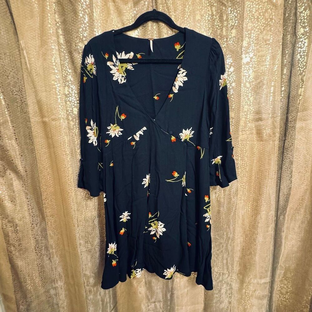 Free People Time On My Side Black Floral Wrap Mini Dress Medium